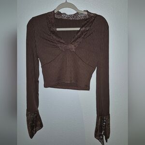 Brown Ribbed Long Sleeve Top with Lace Trim